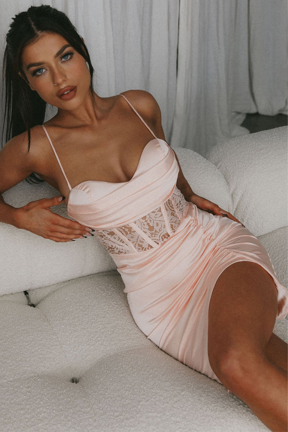 Tuscany Lace Bodice Ruched Dress Blush-Maymioy