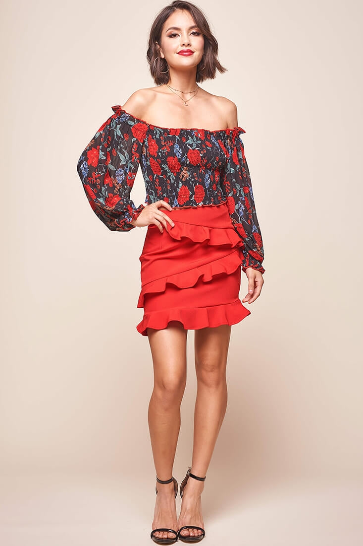 Valentina Bardot Neckline Ruched Top Black-Maymioy