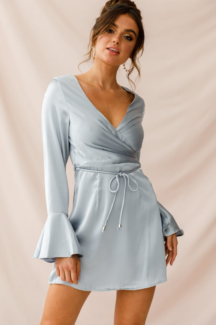 Nikki Flared Cuff Satin Dress Grey-Maymioy