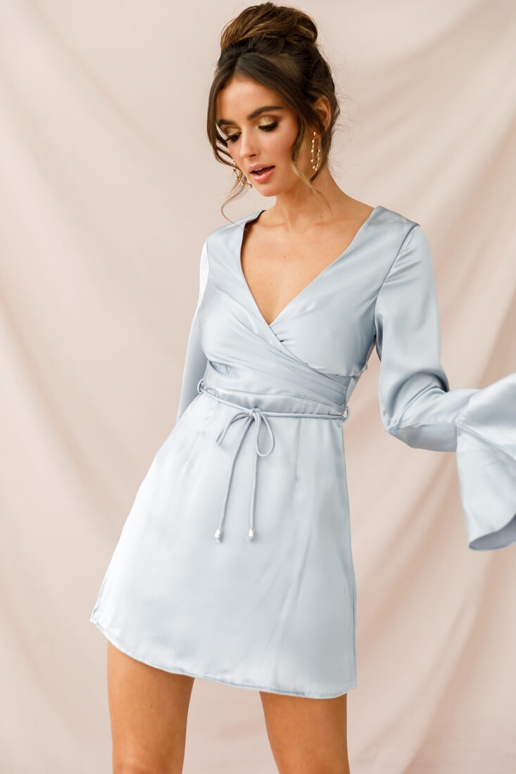 Nikki Flared Cuff Satin Dress Grey-Maymioy