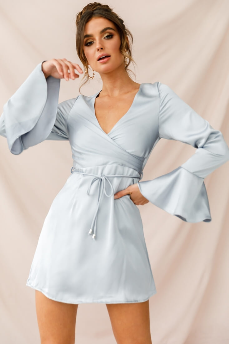 Nikki Flared Cuff Satin Dress Grey-Maymioy