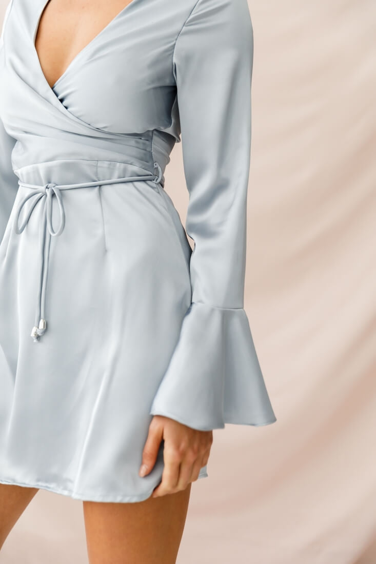 Nikki Flared Cuff Satin Dress Grey-Maymioy