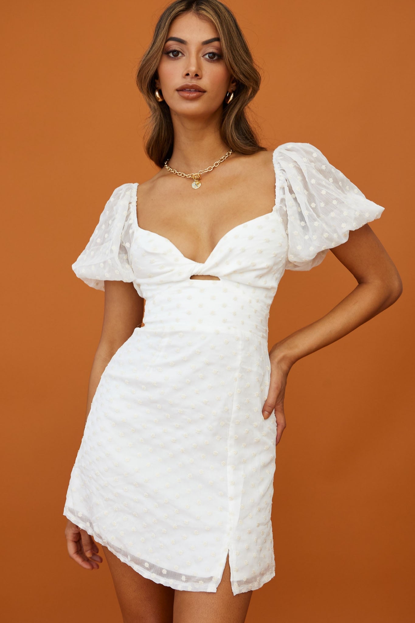 Molli Sheer Puff Sleeve Twist Feature Dress White-Maymioy