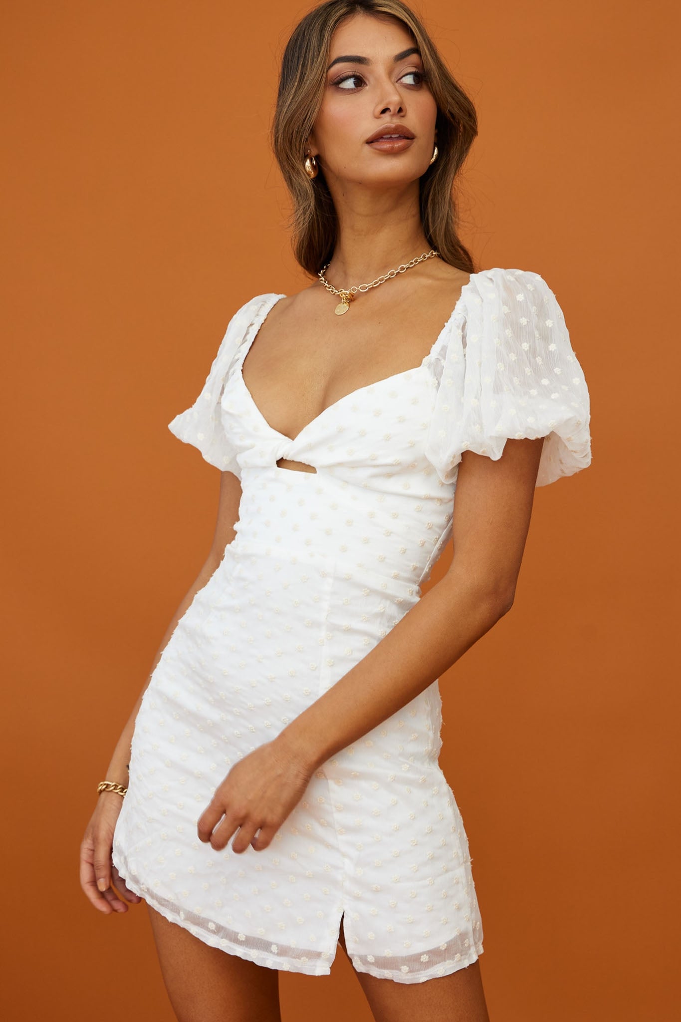 Molli Sheer Puff Sleeve Twist Feature Dress White-Maymioy