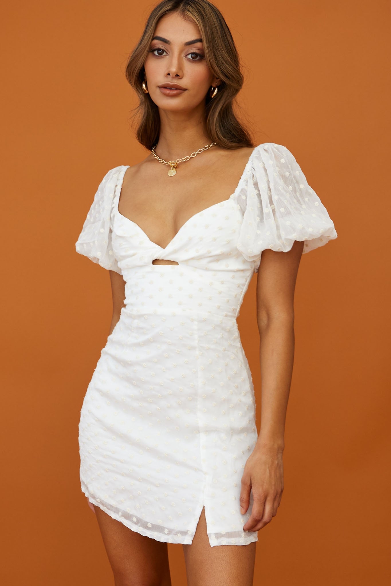 Molli Sheer Puff Sleeve Twist Feature Dress White-Maymioy