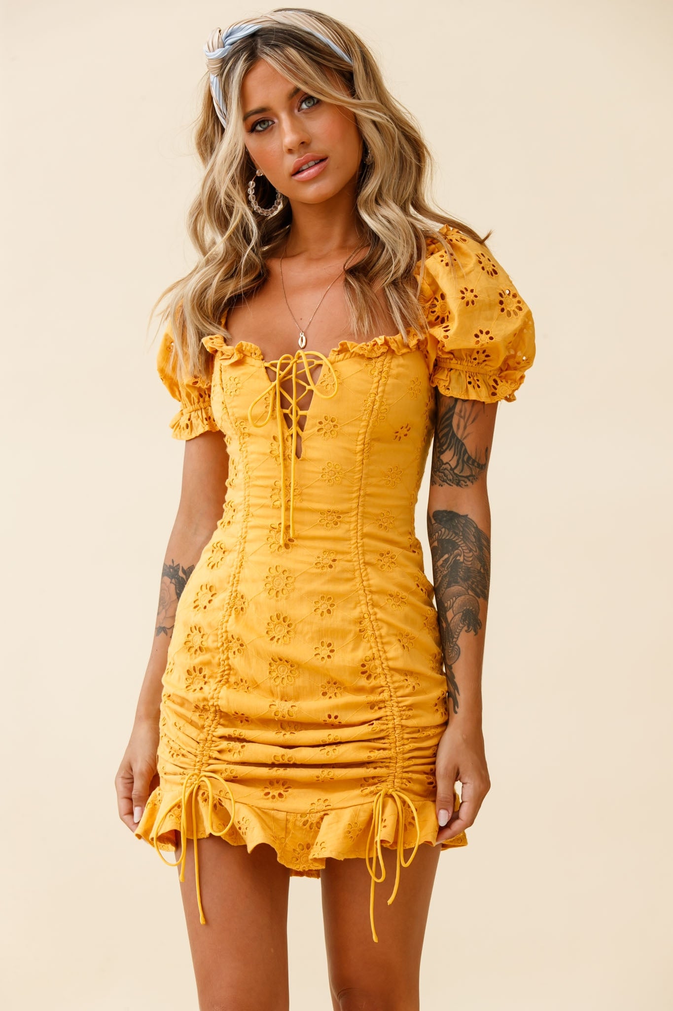La Quinta Lace-Up Bust Drawstring Detail Anglaise Dress Yellow-Maymioy