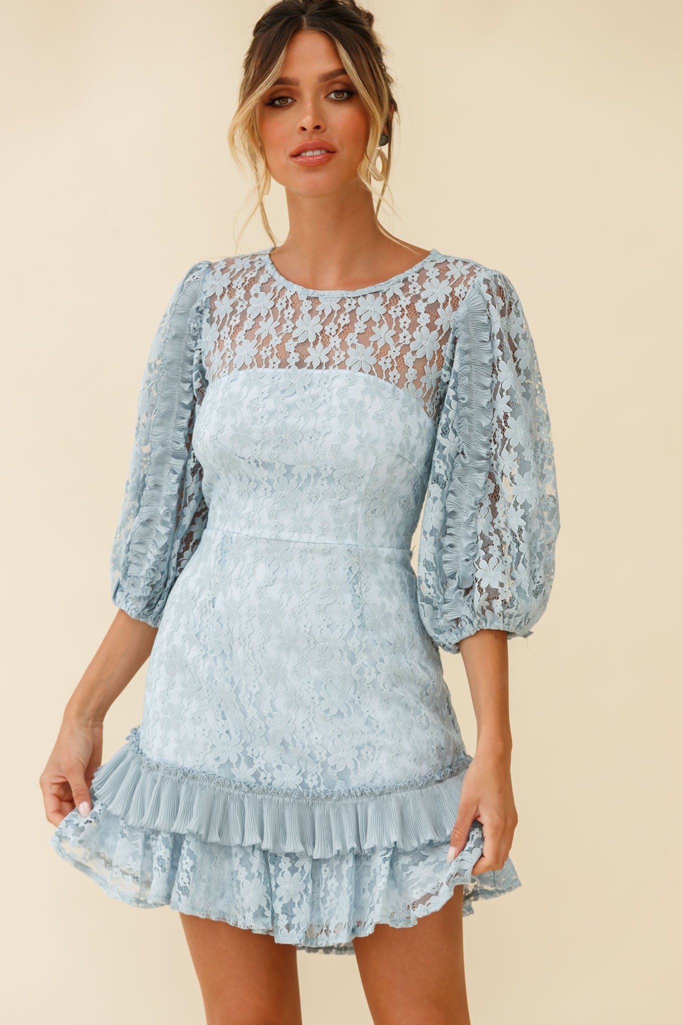 Home Again Three-Quarter Sleeve Lace Dress Blue-Maymioy
