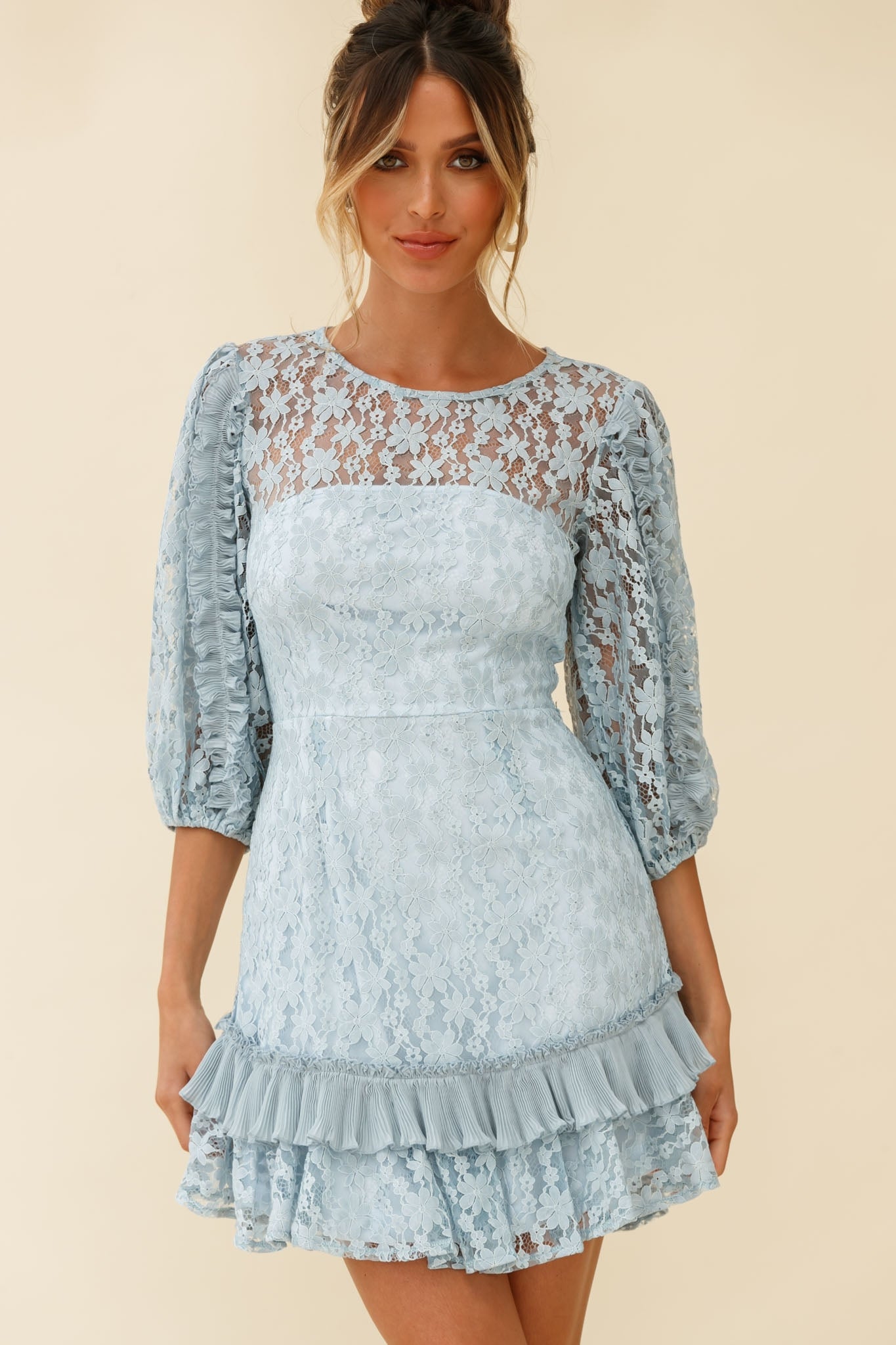 Home Again Three-Quarter Sleeve Lace Dress Blue-Maymioy