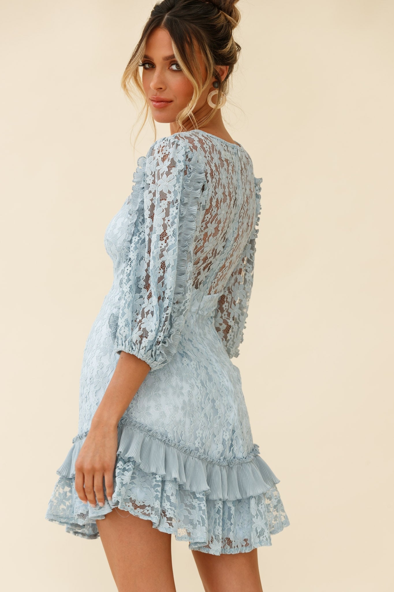 Home Again Three-Quarter Sleeve Lace Dress Blue-Maymioy