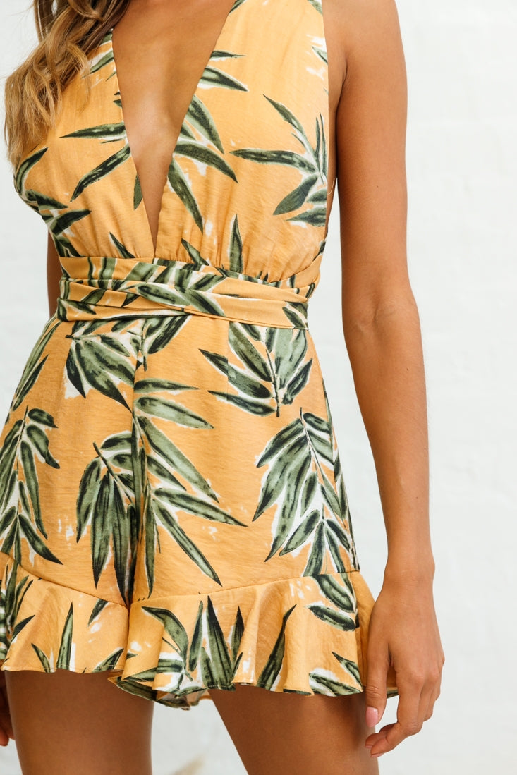 Playa Vista Halterneck Frill Hem Romper Palm Print Sunset-Maymioy