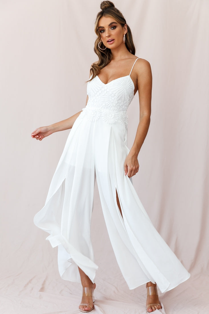 Ada Applique Embroidery Bust Wide Leg Jumpsuit White-Maymioy