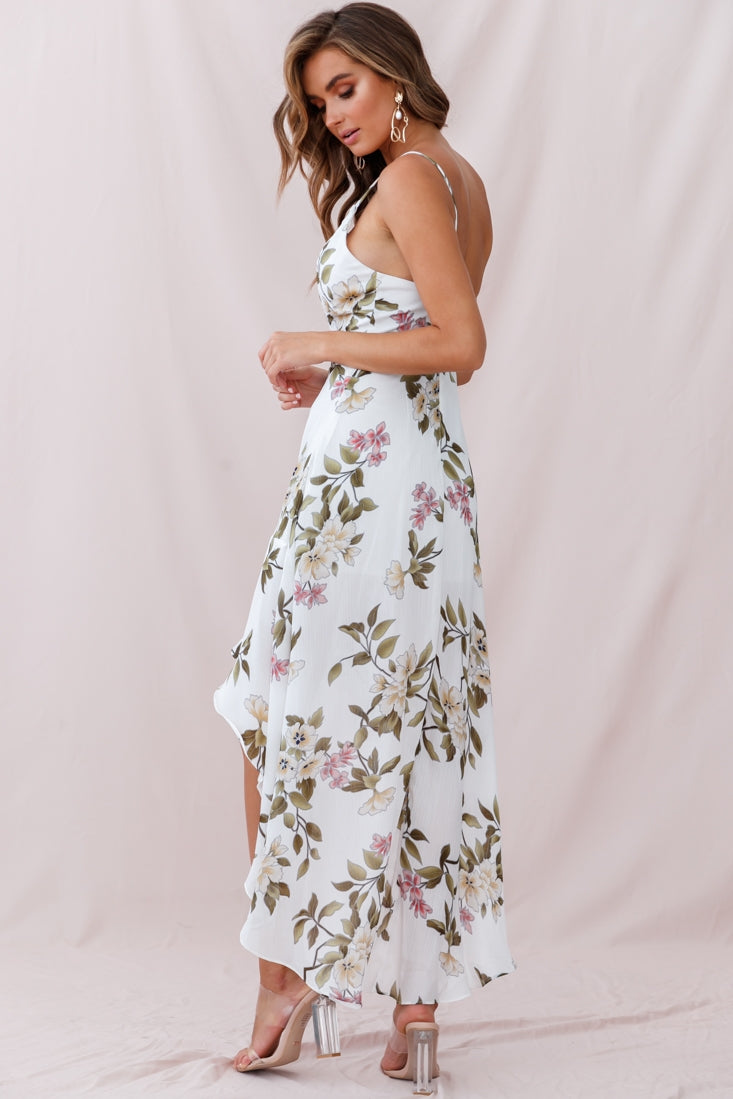 Imelda V-Neckline High-Low Hem Dress White-Maymioy