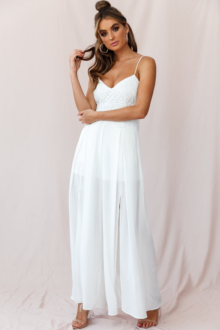 Ada Applique Embroidery Bust Wide Leg Jumpsuit White-Maymioy