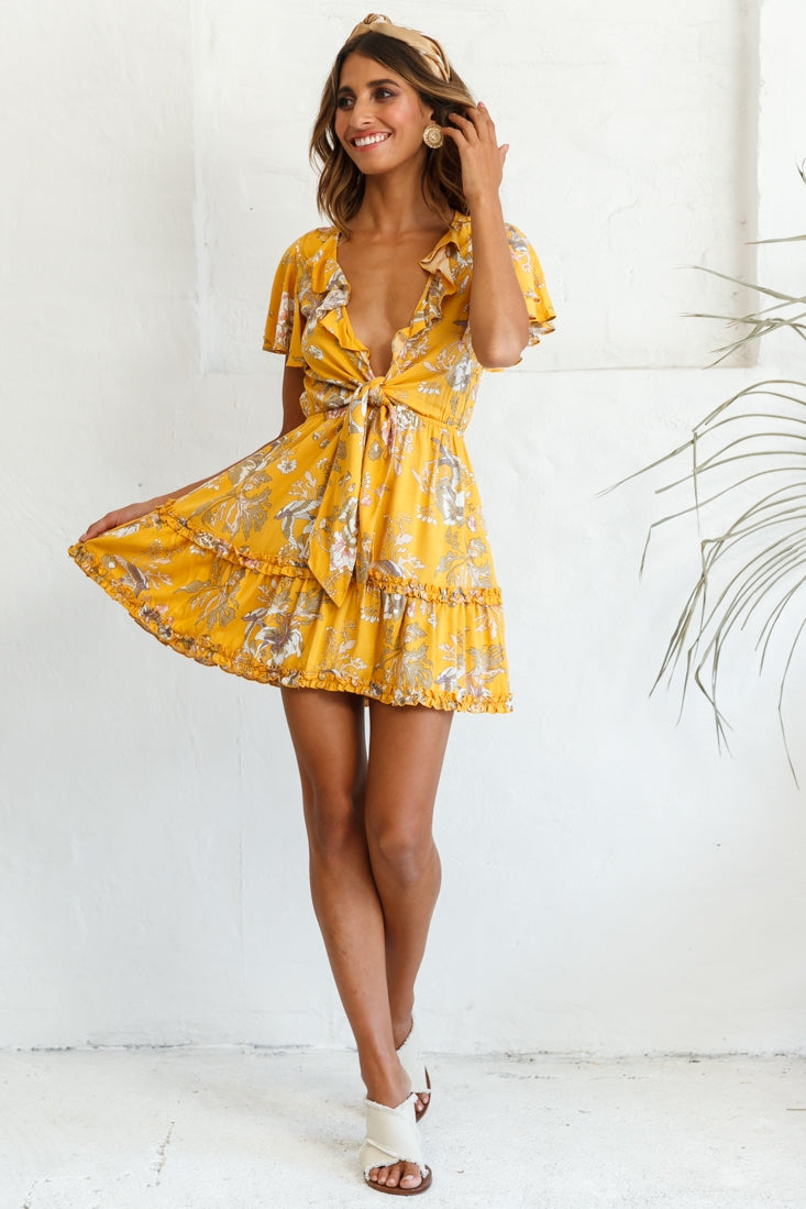 Sunny Daze Angel Sleeve Tie-Knot Bust Floral Print Dress Mustard-Maymioy