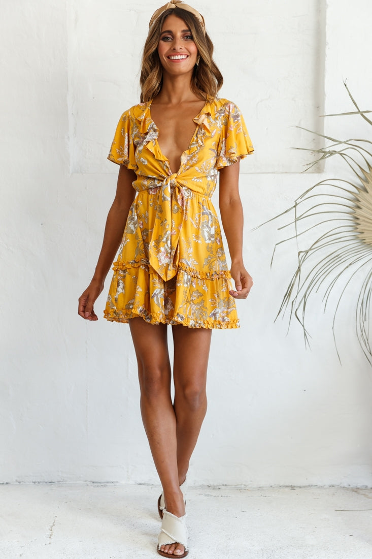 Sunny Daze Angel Sleeve Tie-Knot Bust Floral Print Dress Mustard-Maymioy