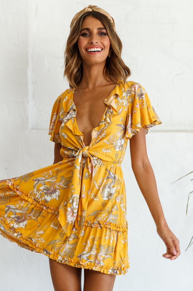 Sunny Daze Angel Sleeve Tie-Knot Bust Floral Print Dress Mustard-Maymioy