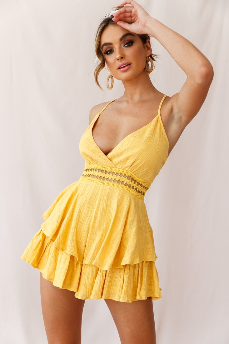 Maybe Baby Lace Trim Fluted Hem Romper Mustard-Maymioy