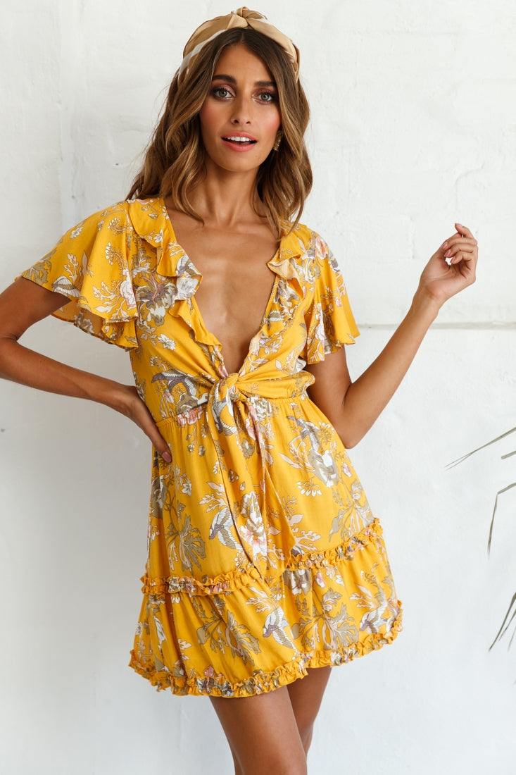 Sunny Daze Angel Sleeve Tie-Knot Bust Floral Print Dress Mustard-Maymioy