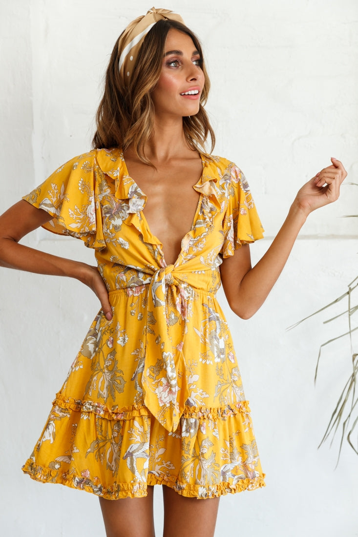 Sunny Daze Angel Sleeve Tie-Knot Bust Floral Print Dress Mustard-Maymioy