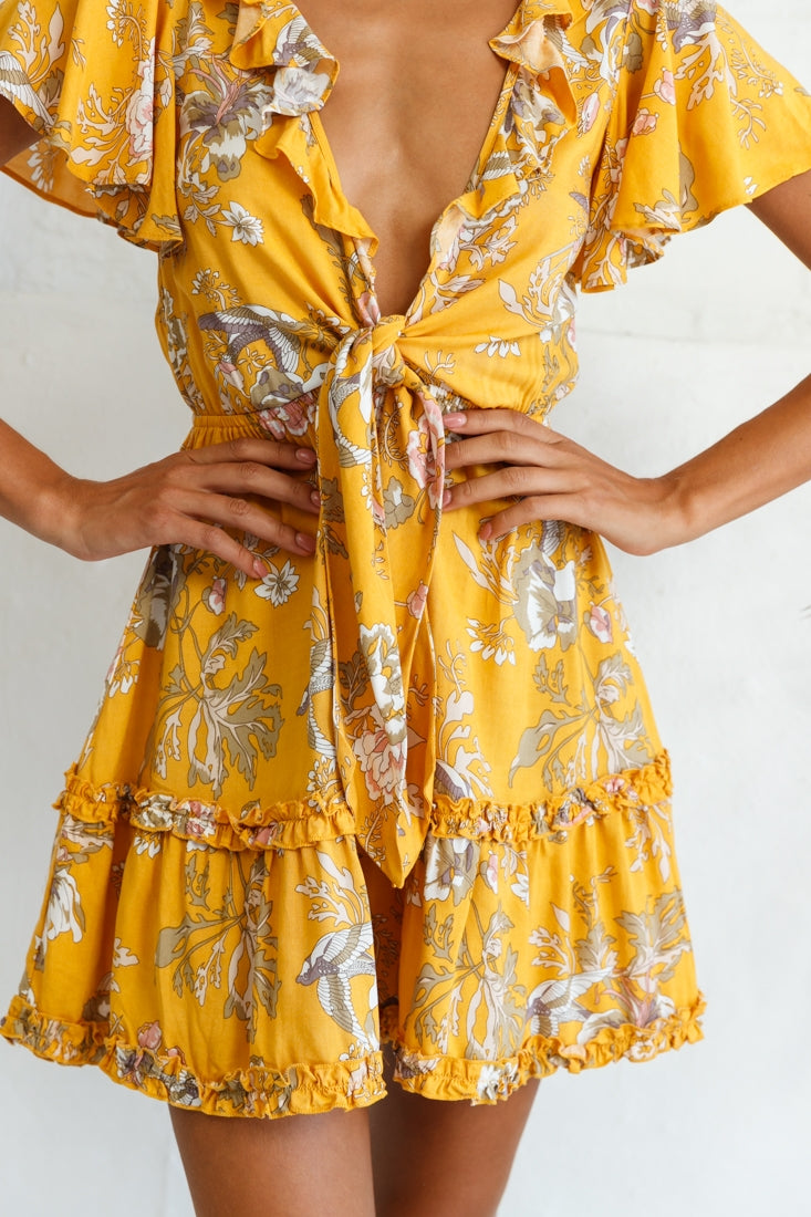 Sunny Daze Angel Sleeve Tie-Knot Bust Floral Print Dress Mustard-Maymioy