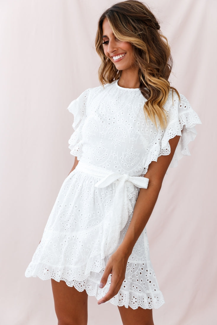 Lena Frill Detail Broderie Anglaise Dress White-Maymioy