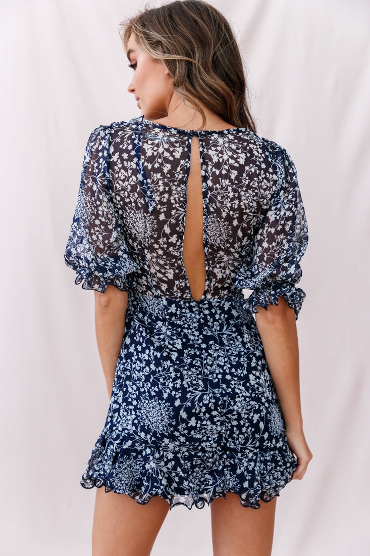 Misty Half Puff Sleeve Ruffle Detail Dress Navy-Maymioy