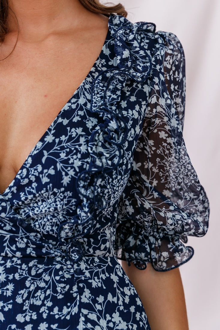 Misty Half Puff Sleeve Ruffle Detail Dress Navy-Maymioy