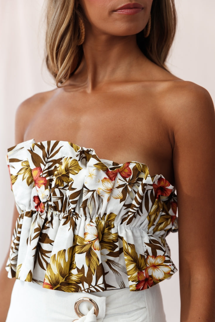 Thea Ruffle Crop Top Tropical Floral Print White-Maymioy