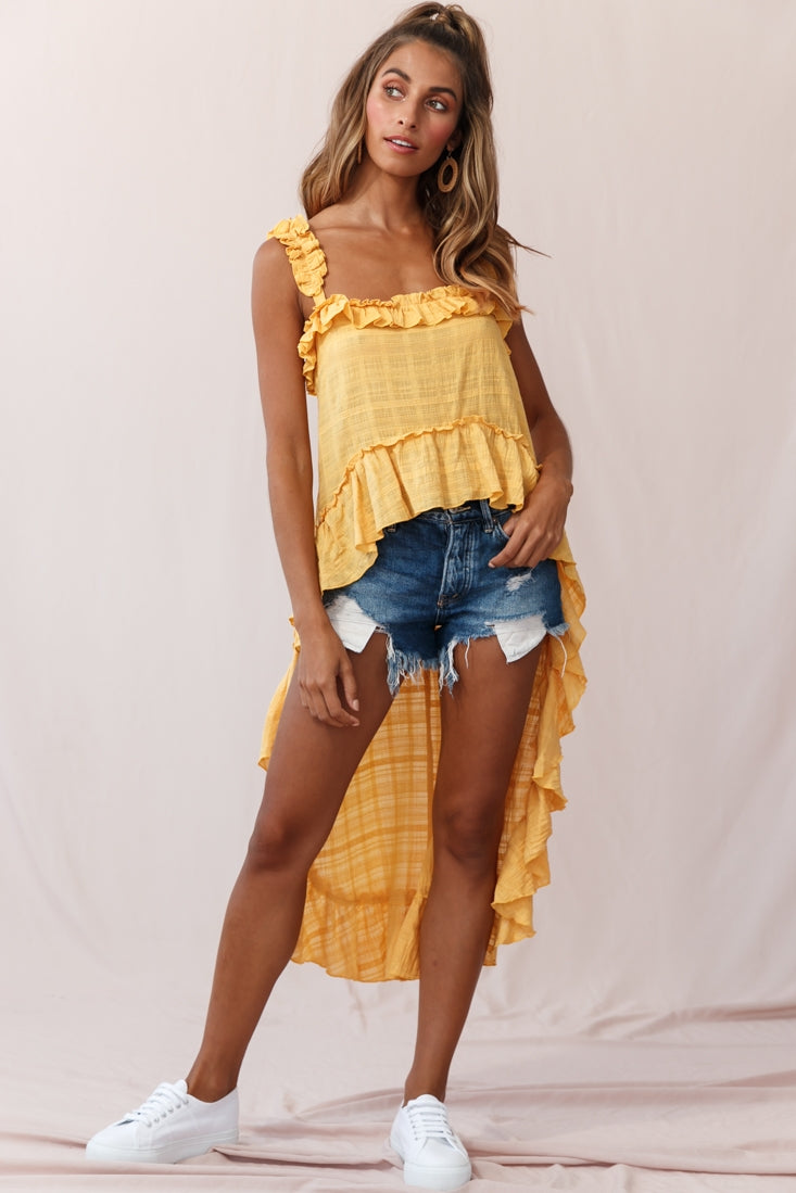 Jacinta High-Low Ruffle Strap Top Mustard-Maymioy