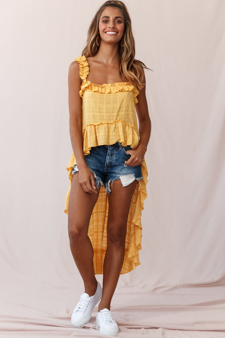 Jacinta High-Low Ruffle Strap Top Mustard-Maymioy