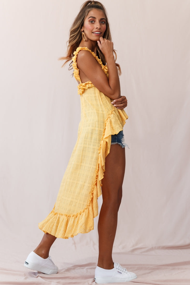 Jacinta High-Low Ruffle Strap Top Mustard-Maymioy