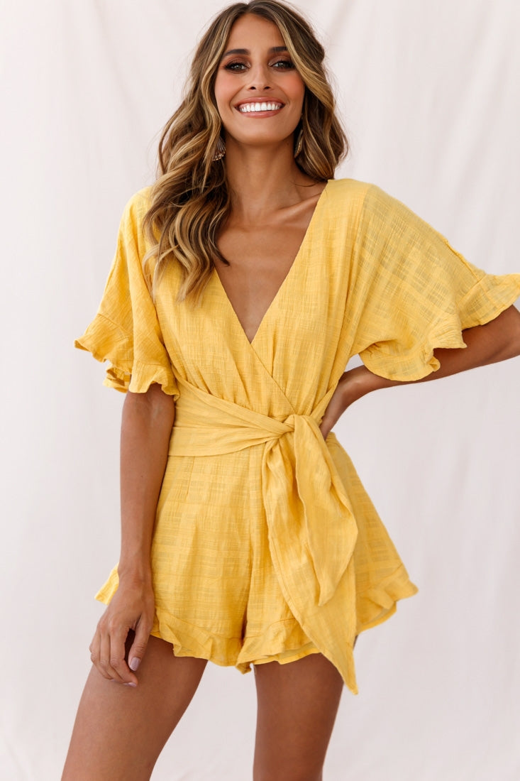 Karin Frill Trim Waist Tie Romper Mustard-Maymioy