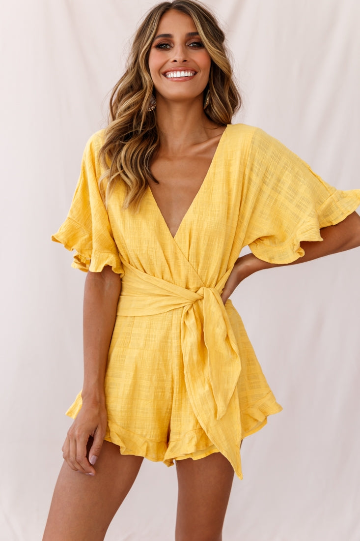 Karin Frill Trim Waist Tie Romper Mustard-Maymioy