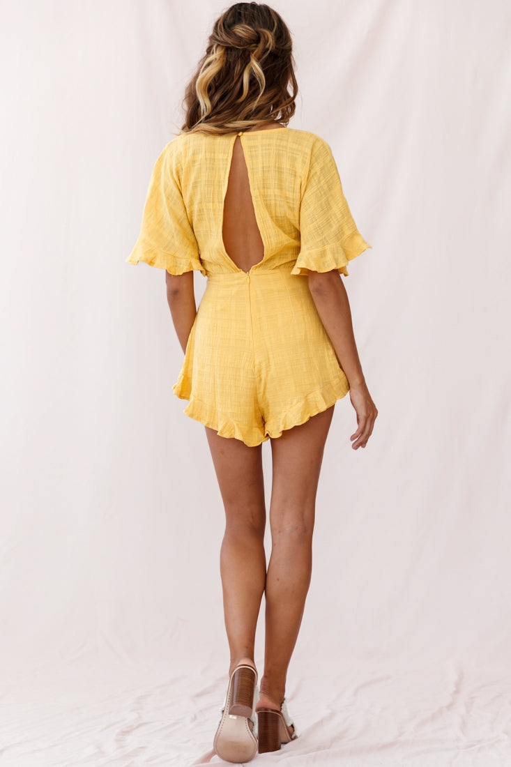 Karin Frill Trim Waist Tie Romper Mustard-Maymioy
