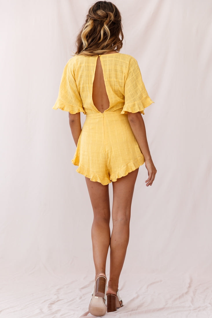 Karin Frill Trim Waist Tie Romper Mustard-Maymioy