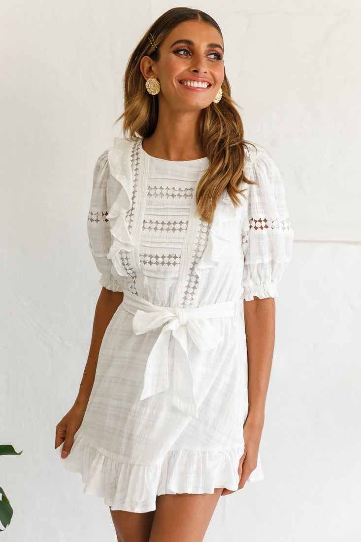 Delia Puff Sleeve Crochet Detail Dress White-Maymioy