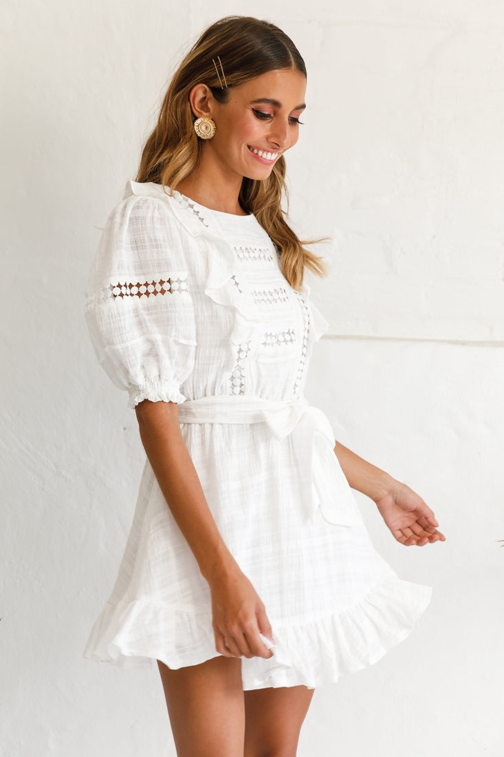 Delia Puff Sleeve Crochet Detail Dress White-Maymioy