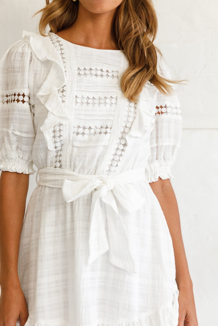 Delia Puff Sleeve Crochet Detail Dress White-Maymioy