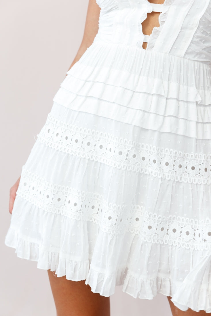 Riley Deep V-Neckline Ruffle Detail Dress White-Maymioy