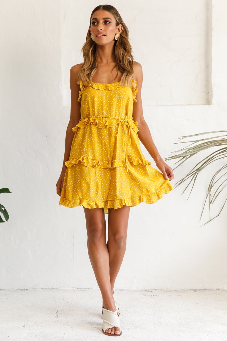 Maria Frill Trim Polka Dot Dress Mustard-Maymioy