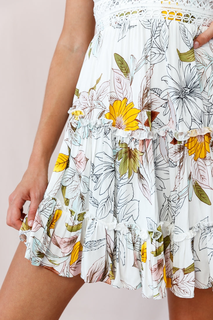 Sanctuary Applique Bust Tie-Knot Back Dress Floral Print White-Maymioy