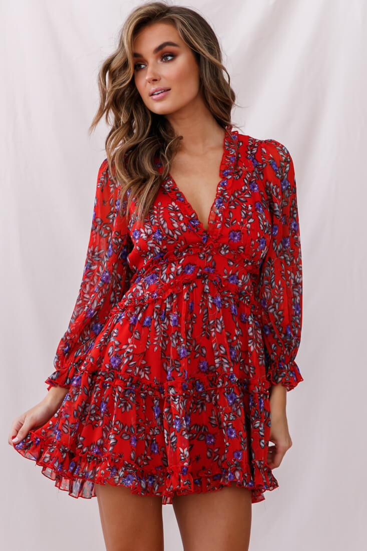 Laney Cutout Back Ruffle Trim Dress Red Floral-Maymioy