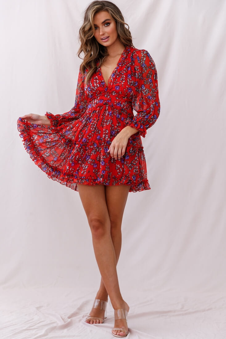 Laney Cutout Back Ruffle Trim Dress Red Floral-Maymioy