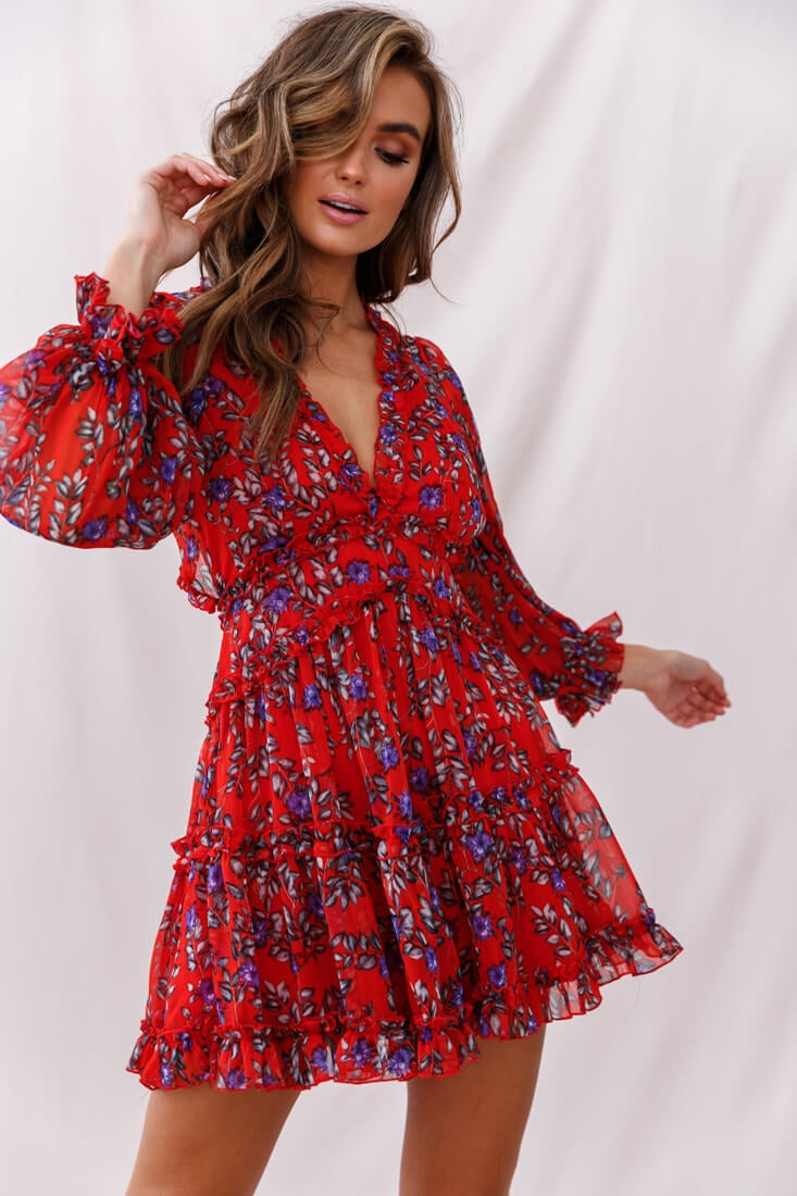 Laney Cutout Back Ruffle Trim Dress Red Floral-Maymioy
