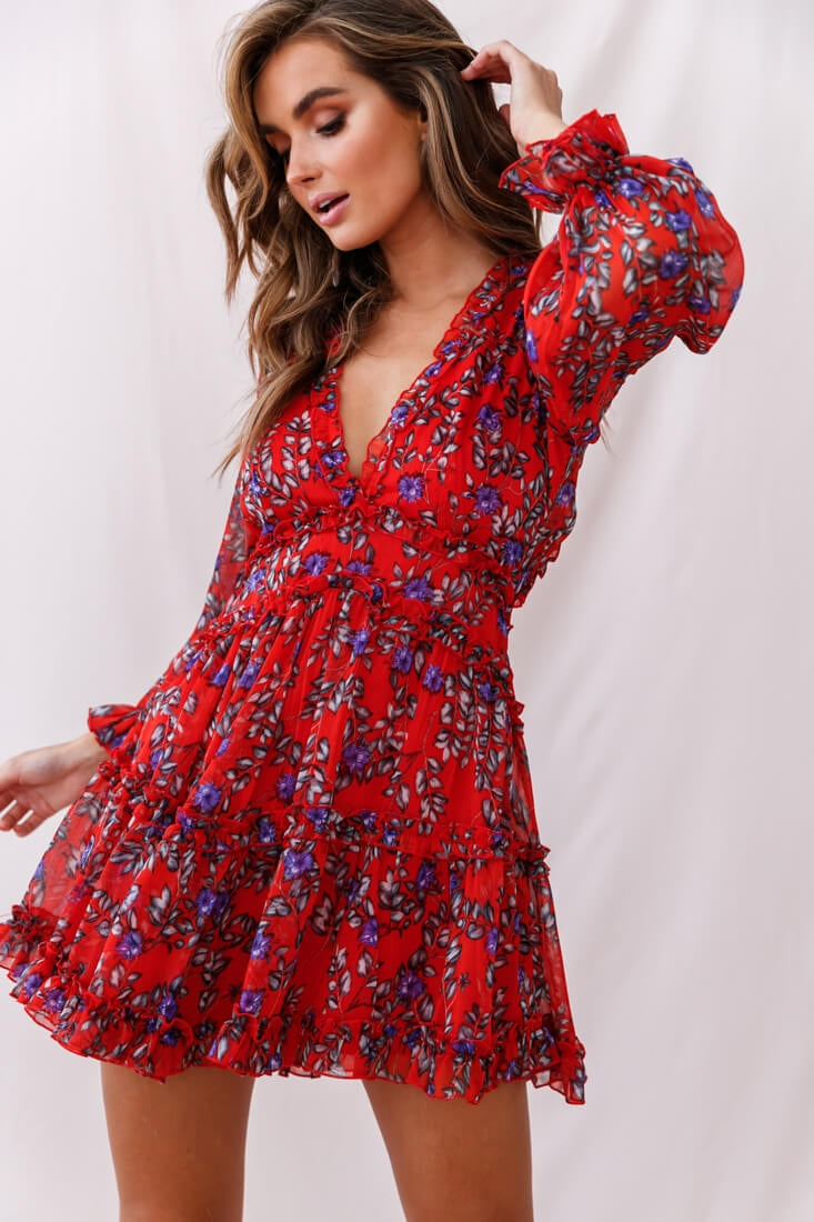 Laney Cutout Back Ruffle Trim Dress Red Floral-Maymioy