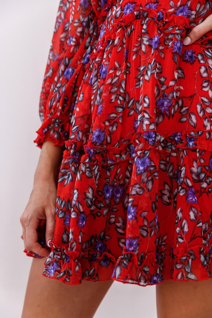 Laney Cutout Back Ruffle Trim Dress Red Floral-Maymioy
