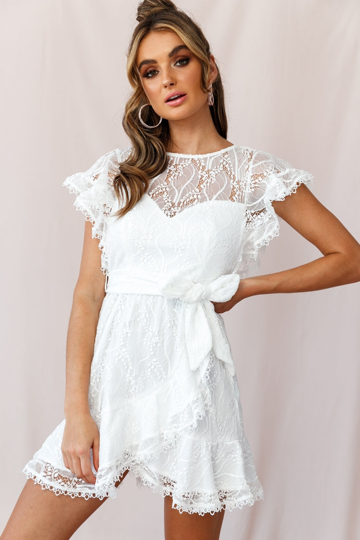 Taya Ruffle Shoulder Waist Tie Dress White Lace-Maymioy