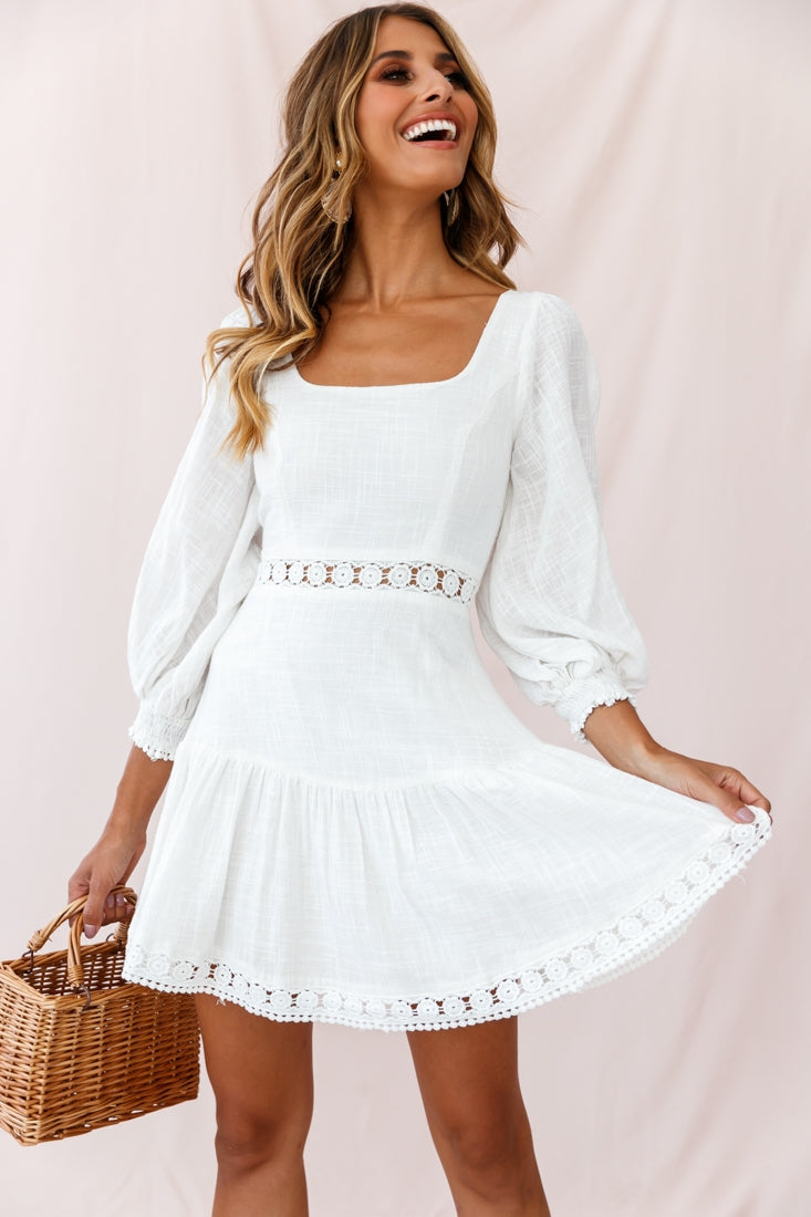 Sweetheart Corset-Back Lantern Sleeve Dress White-Maymioy