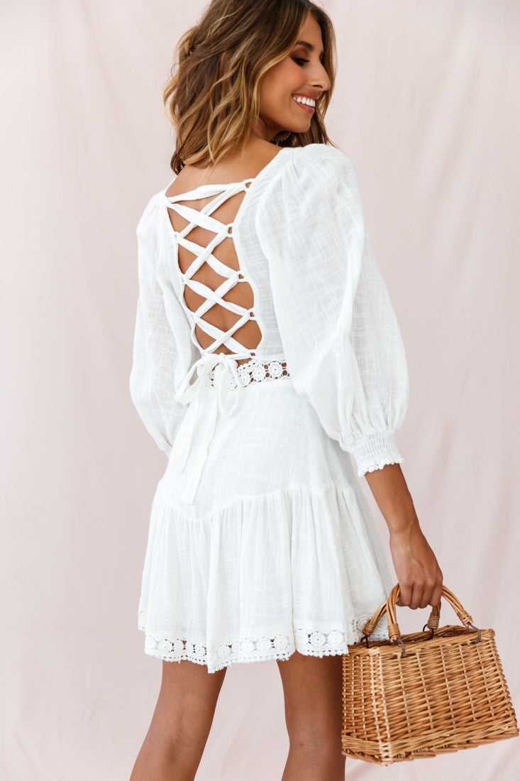 Sweetheart Corset-Back Lantern Sleeve Dress White-Maymioy