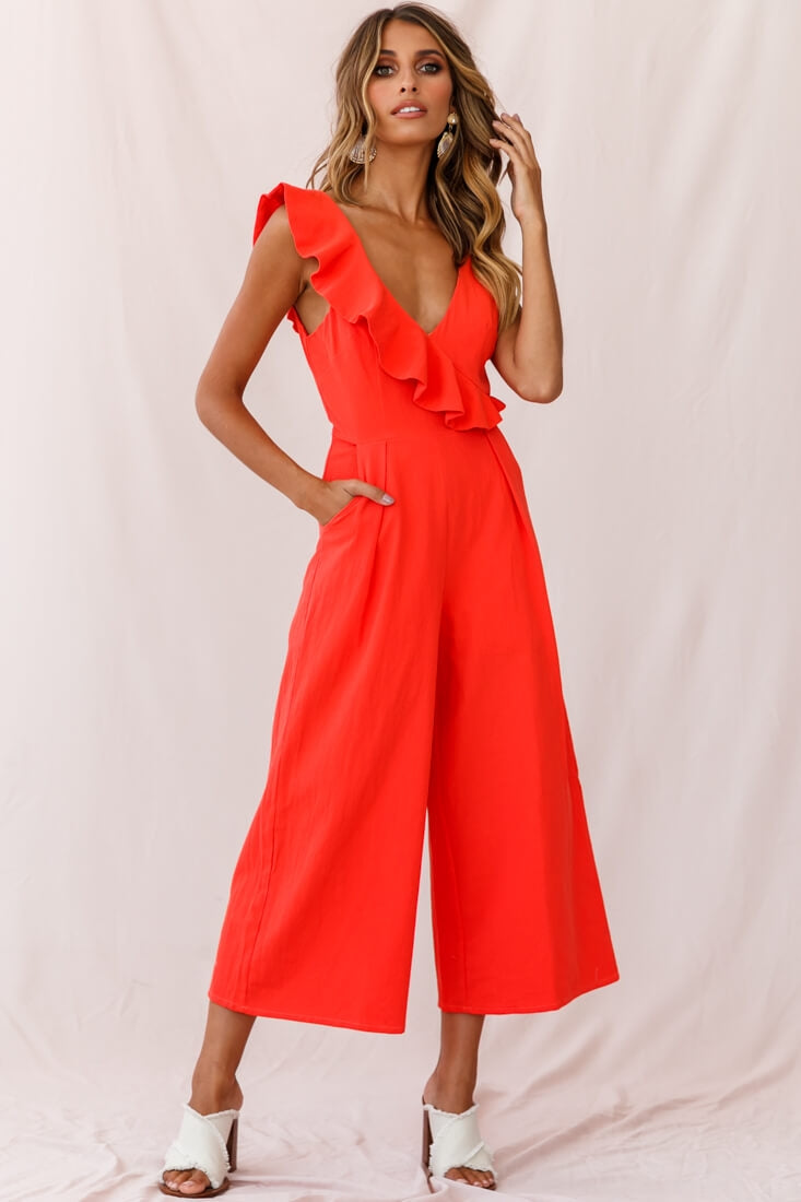 Cheryl Ruffle Strap Wide Leg Jumpsuit Tangerine-Maymioy